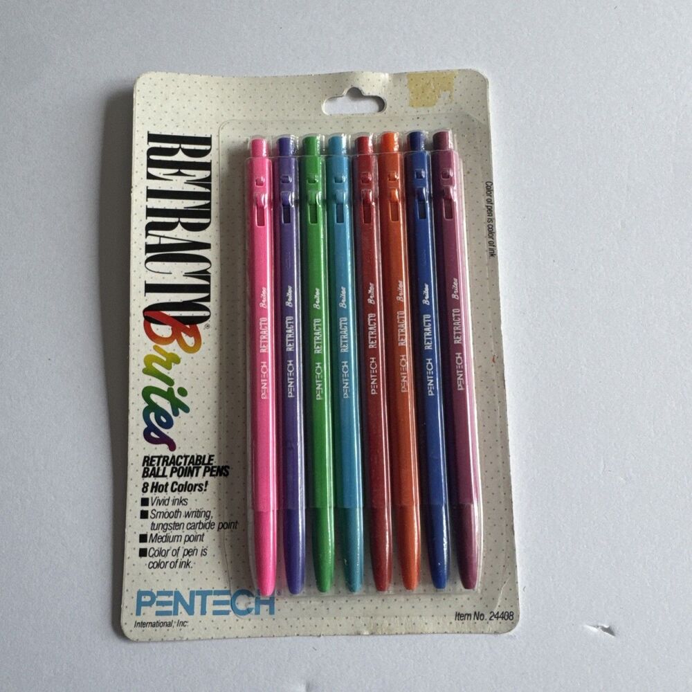 Vintage Pentech Pens Ball Point Retracto Brites New Sealed Retractable Set Of 8
